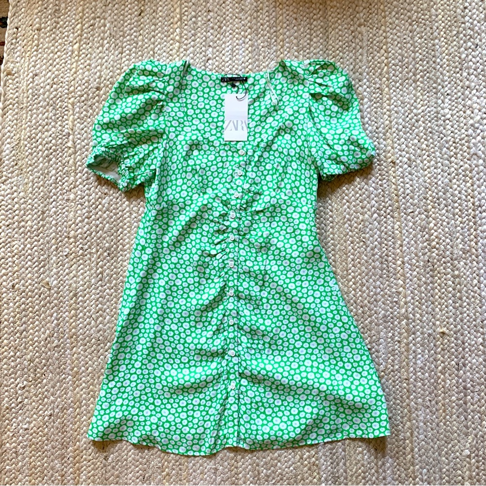 ZARA DRESS -floral green button front - size XL